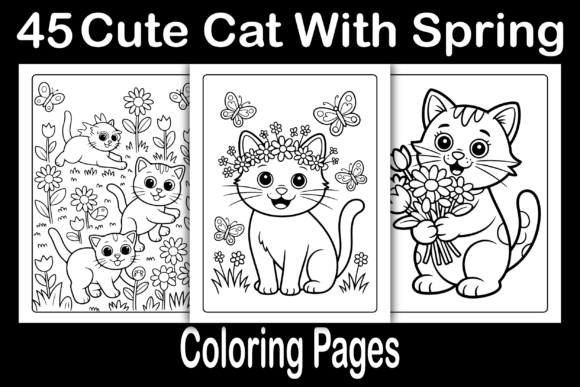 Cute Cat with Spring Coloring Pages Graphics
